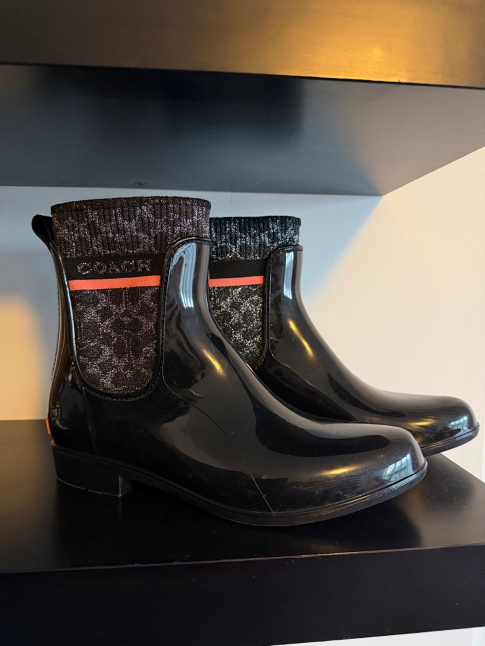 Coach Black Glossy Rain Booties with Knit Logo Cuff and Red Accent